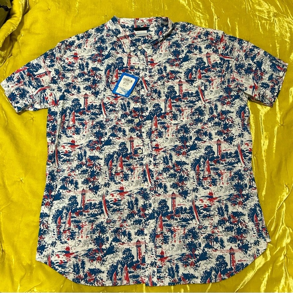 Columbia Men's Blue Red Nautical Print Shirt XXL NWT Button Up 
 Lighthouse